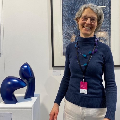 The artist and two of her sculptures at Affordable Art Fair Brussels