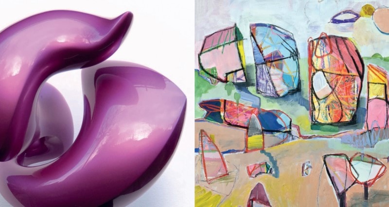 Einladungskarte zur Ausstellung "Vom Suchen und Finden" mit dem Bild einer pinken Skulptur von Wiebke Bader und einer farbenfrohen abstrakten Landschaft von Jessica Rühmann