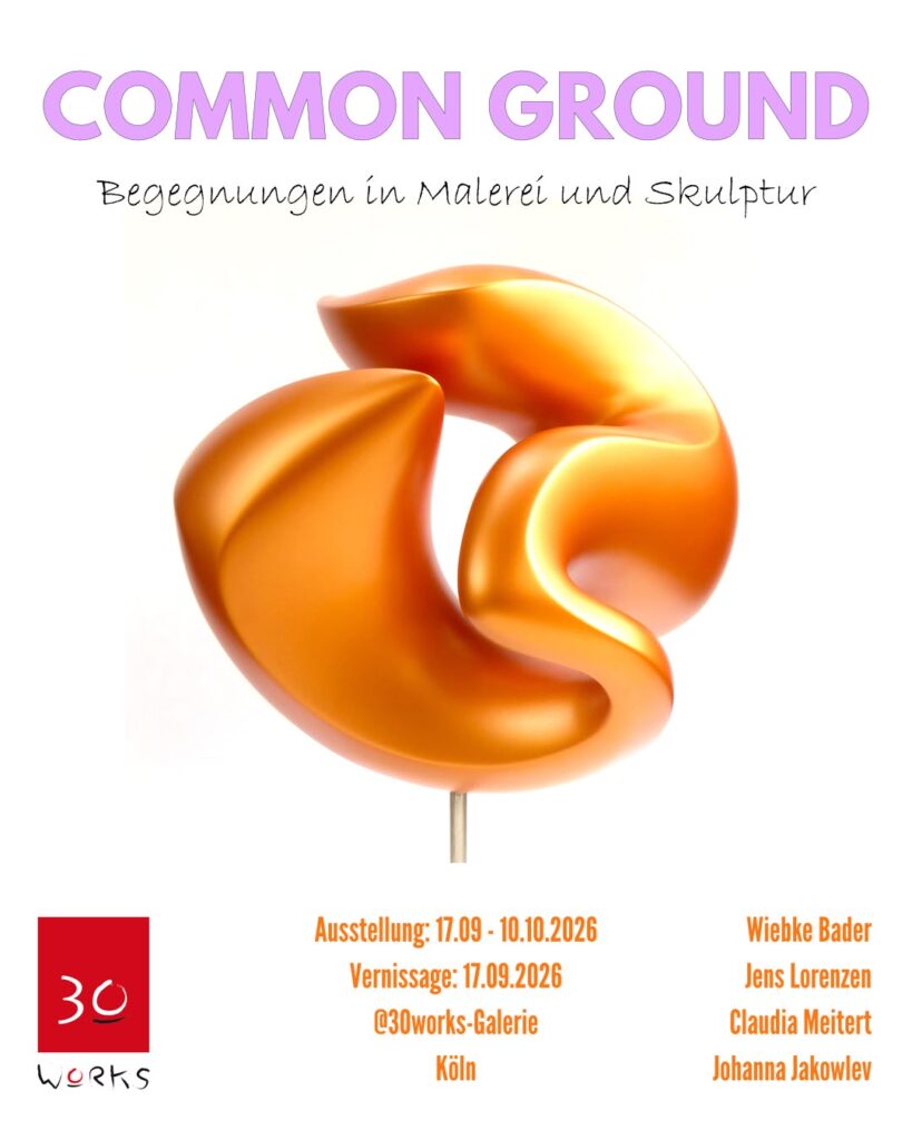 Einladung zu Ausstllung in der 30works-Galerie in Köln mit dem Bild einer orangen, organischen Skulptur von Wiebke Bader